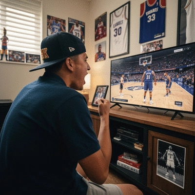 Basketball fan intently watching a game on a large screen, surrounded by team memorabilia, reacting to player performance. Lifestyle shot, home setting, no text, no words, no typography, 8K, clean image.