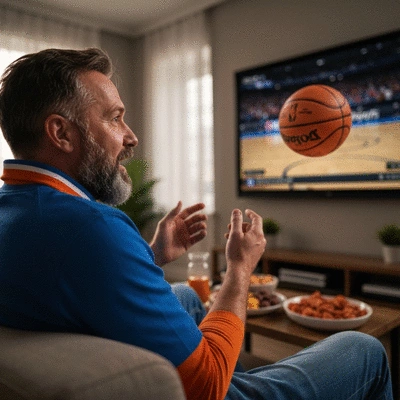 Basketball fan enthusiastically watching NBA Playoffs on a large screen, surrounded by snacks and team colors