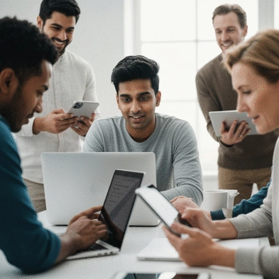 Diverse group of people engaging in an online betting forum discussion about NBA playoffs on various devices.