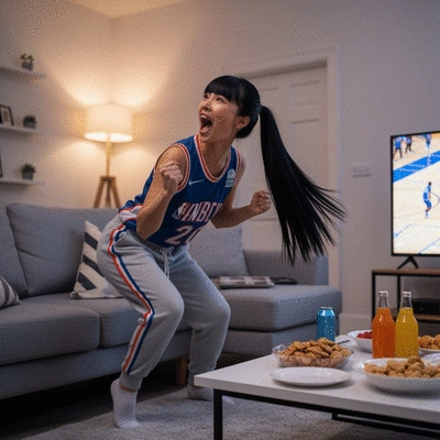 Excited NBA fan watching a playoff game on a large screen at home