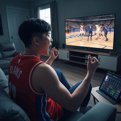 Fan watching NBA playoffs on a large TV, cheering, with real-time stats on a tablet