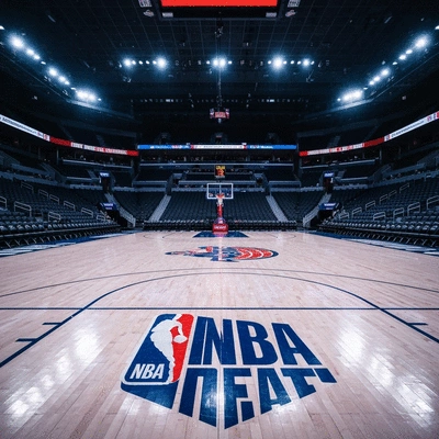 Basketball court with NBA playoff branding, dynamic lighting