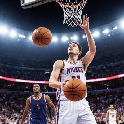 Basketball player scoring a three-pointer in a vibrant playoff game, stadium lights, blurred background