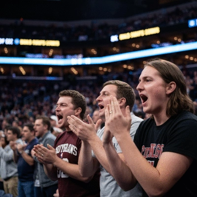 Excited basketball fans cheering in a brightly lit arena, blurred background