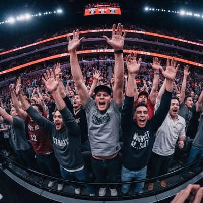 Excited basketball fans cheering in an arena