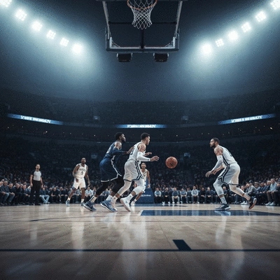 Basketball court with bright lights and a blurred crowd, action shot