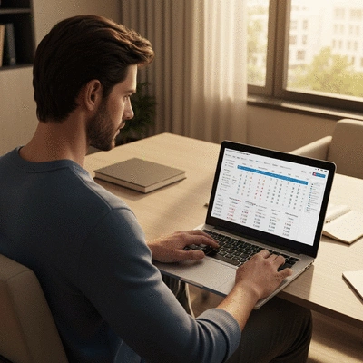 Person analyzing NBA playoff betting odds on a laptop, with basketball statistics visible on screen.