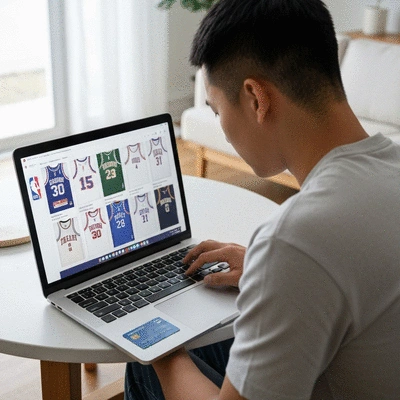 Person browsing NBA merchandise on a laptop with a credit card, indicating online shopping