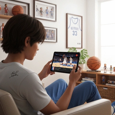 Person using a streaming service on a tablet to watch NBA Playoffs, surrounded by sports memorabilia