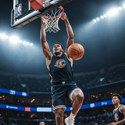 Basketball player mid-air for a dunk, stadium lights, crowd in background, high-energy, no text, no words, no typography