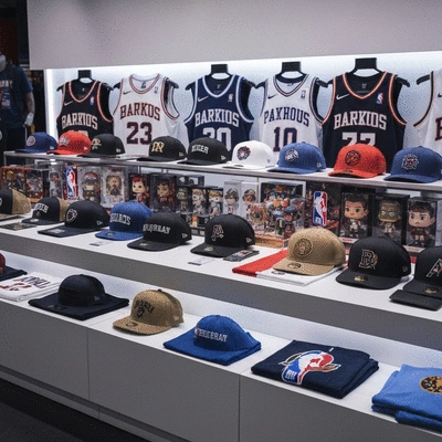 Assortment of official NBA playoff merchandise including jerseys, hats, and collectibles on a retail display
