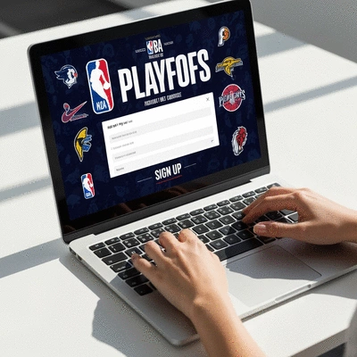 Person signing up for a newsletter on a laptop, NBA playoffs theme