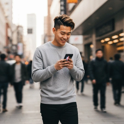 Smartphone displaying NBA App highlights, person holding phone, blurred stadium background, no text, no words, no typography