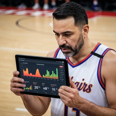 Basketball player looking at a tablet with advanced statistics overlayed, representing advanced metrics analysis
