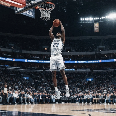 Basketball player mid-air about to dunk during an NBA playoff game