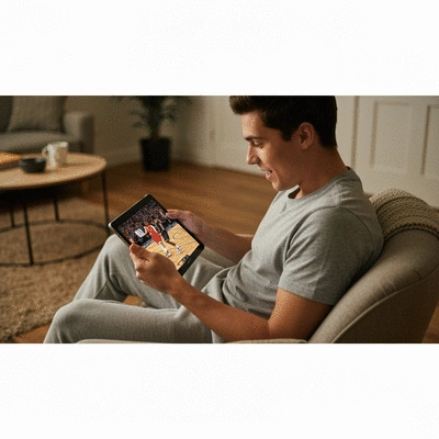 Person watching NBA game on a tablet via NBA League Pass, cozy home setting