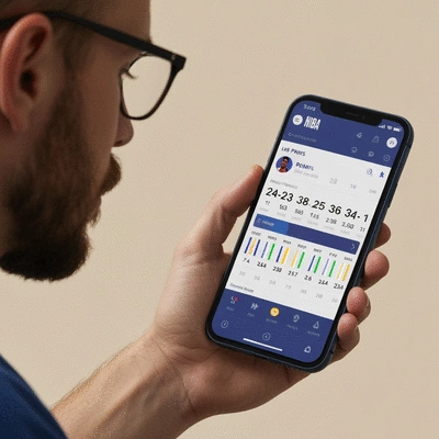 Person holding a smartphone with an NBA playoff tracking app open, showing live scores and stats